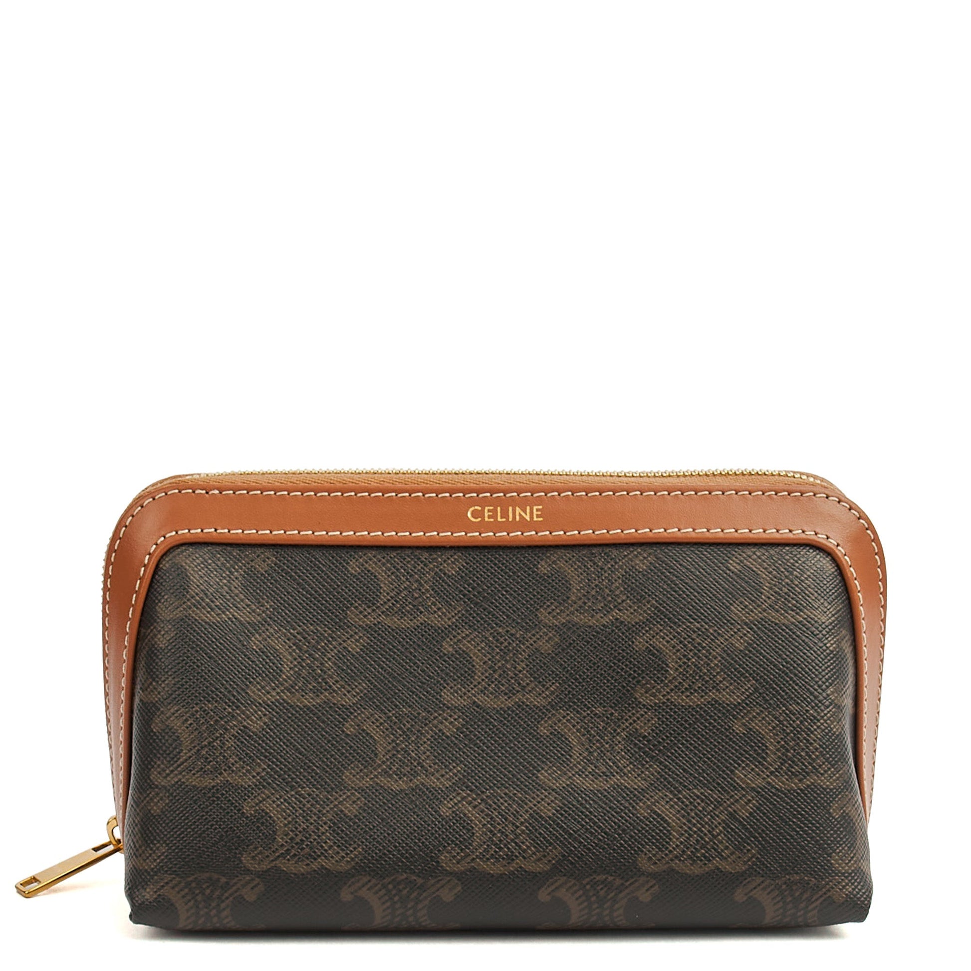 Celine Cosmetic Bag Zip Pouch in Brown, Box Calfskin — Front View