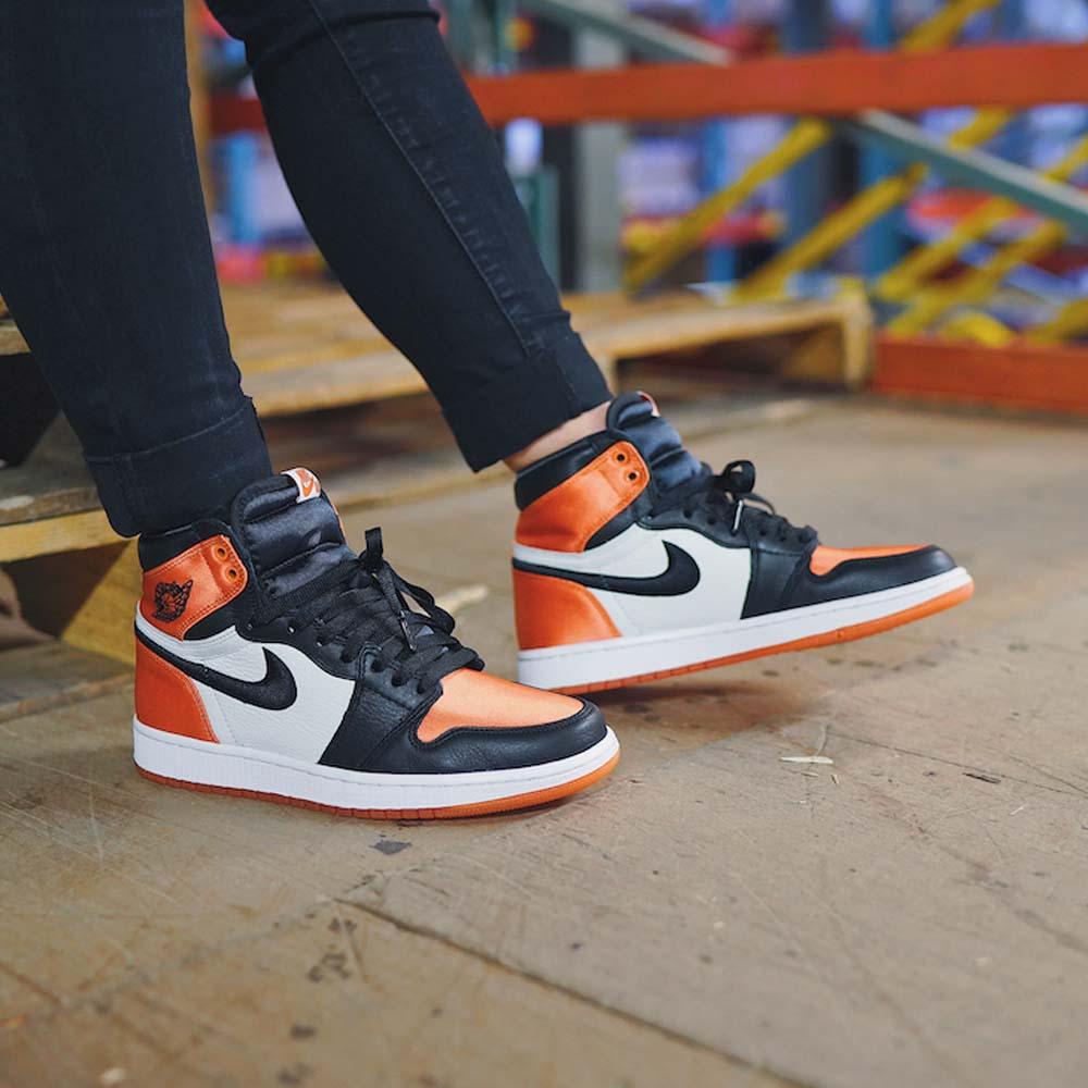 Air Jordan 1 WMNS Satin 'Shattered Backboard' Orange Black — UK 2.5 | EU 35.5 | US 5 — Lifestyle View