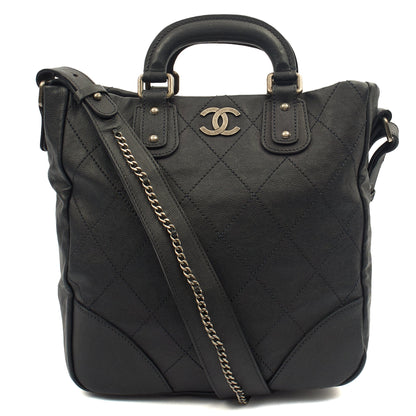 Chanel Tote Outdoor Ligne Bowler Bag in Black, Caviar Leather — Front View