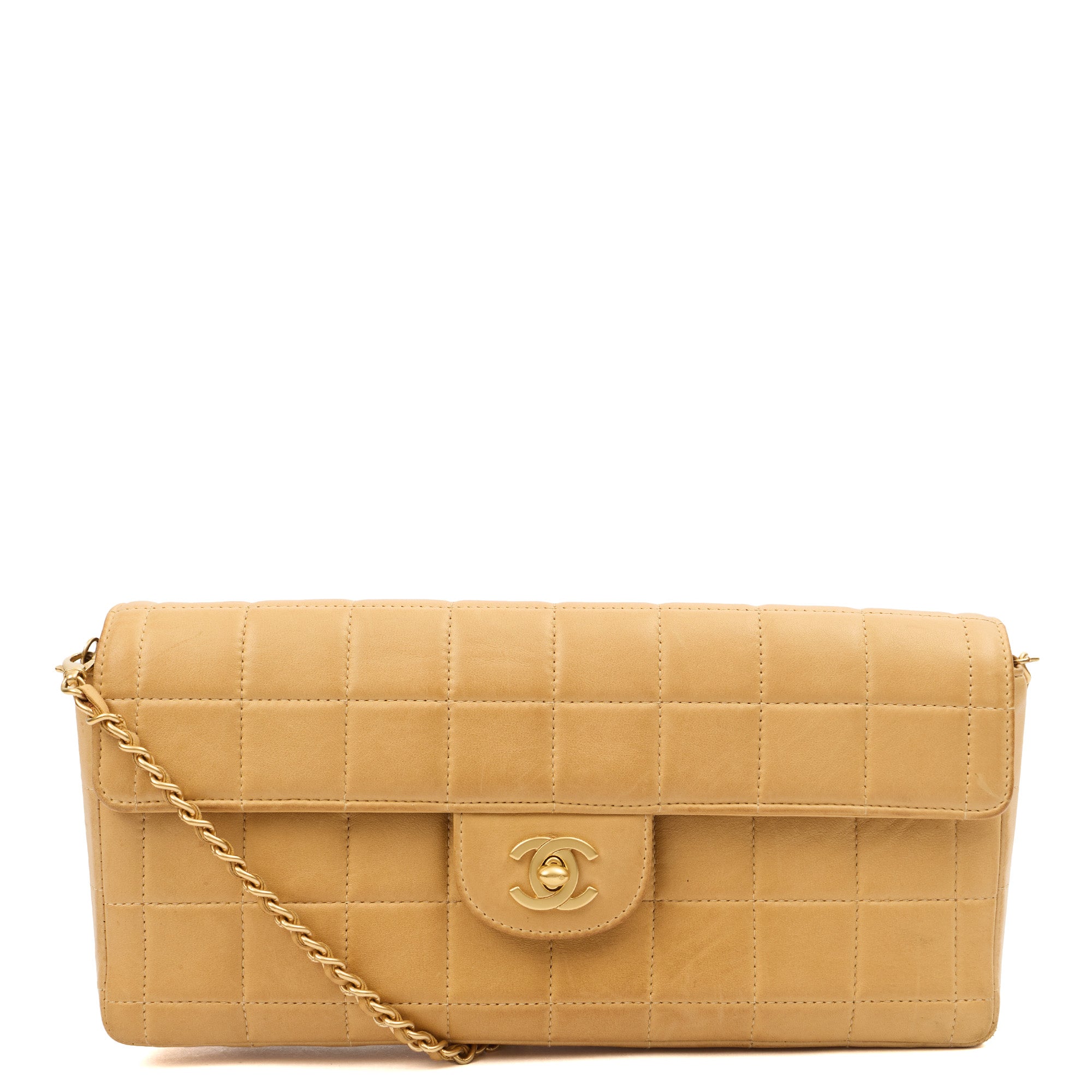 Chanel Chocolate Bar Quilted Flap Bag - East West in Neutral, Lambskin Leather — Front View