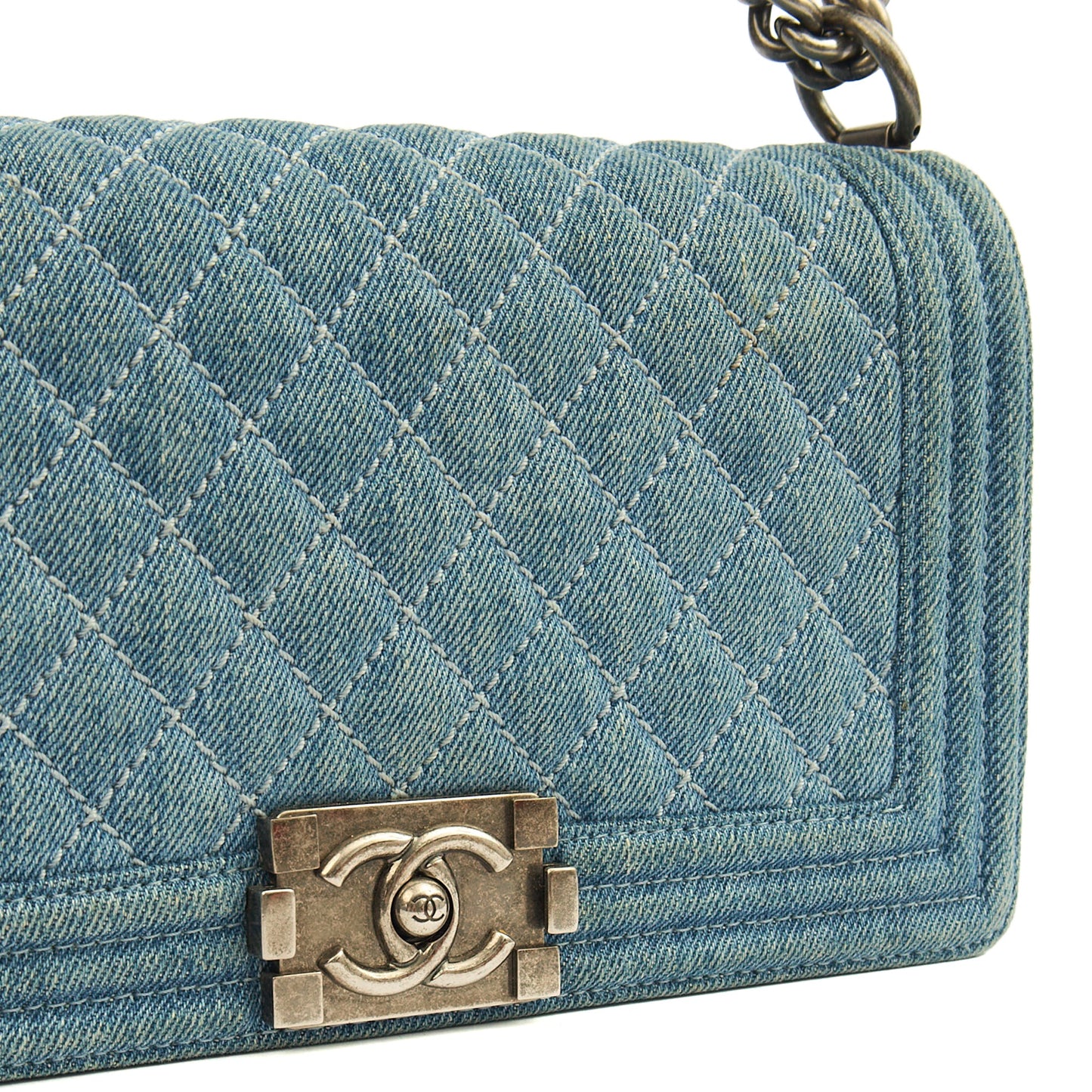 Chanel Shoulder Bag Boy - Medium in Blue, Fabric — Lifestyle View