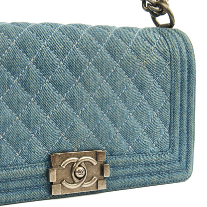 Chanel Shoulder Bag Boy - Medium in Blue, Fabric — Lifestyle View