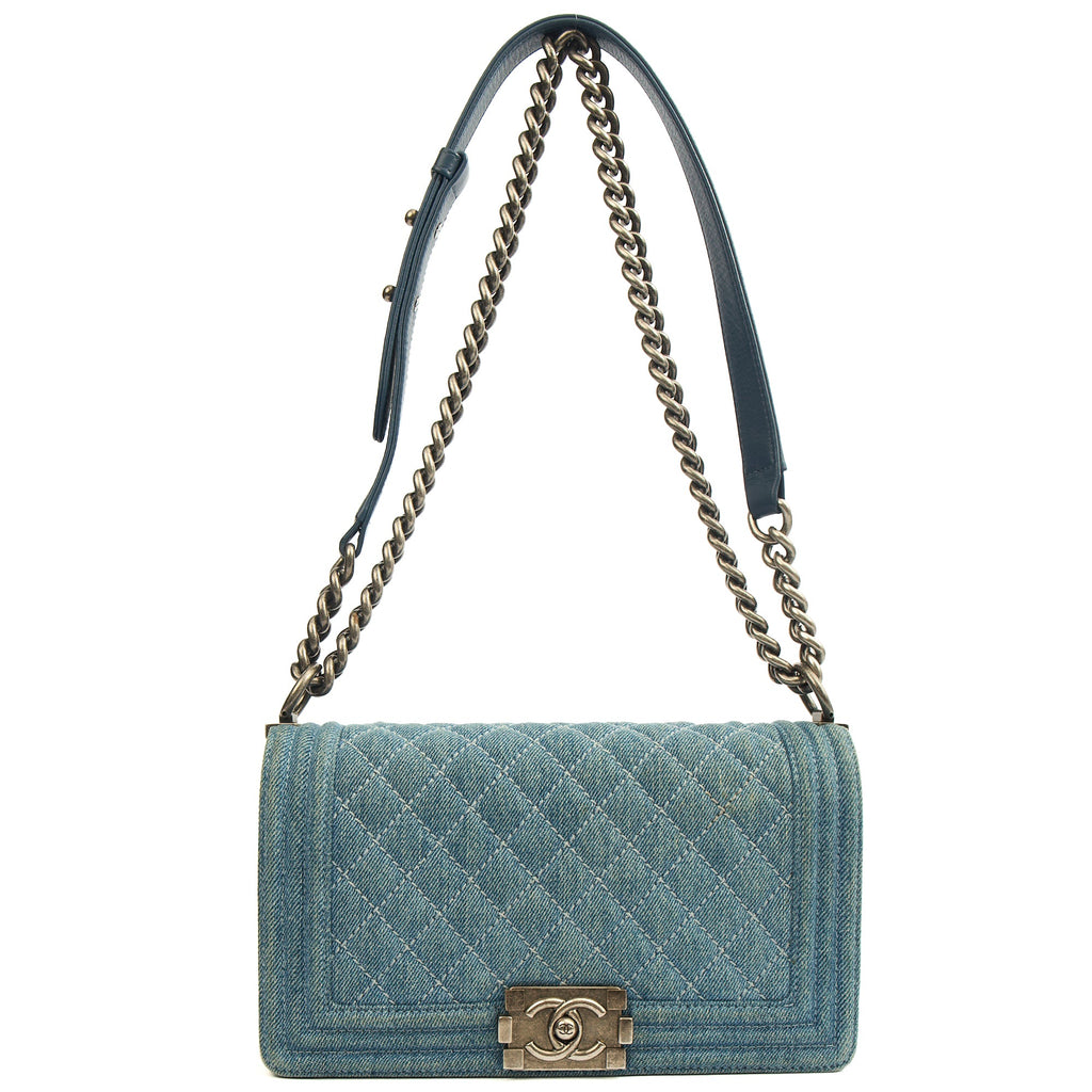 Chanel Shoulder Bag Boy - Medium in Blue, Fabric — Detail View