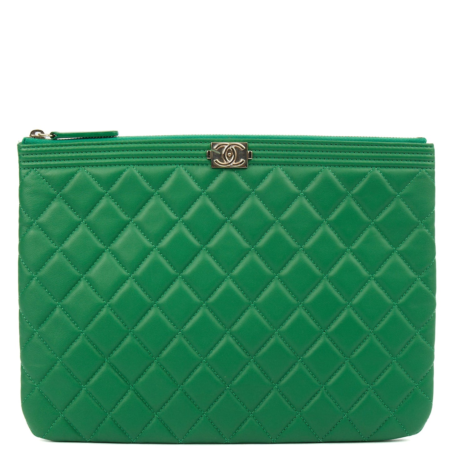 Chanel Clutch Boy Clutch in Green, Lambskin Leather — Front View