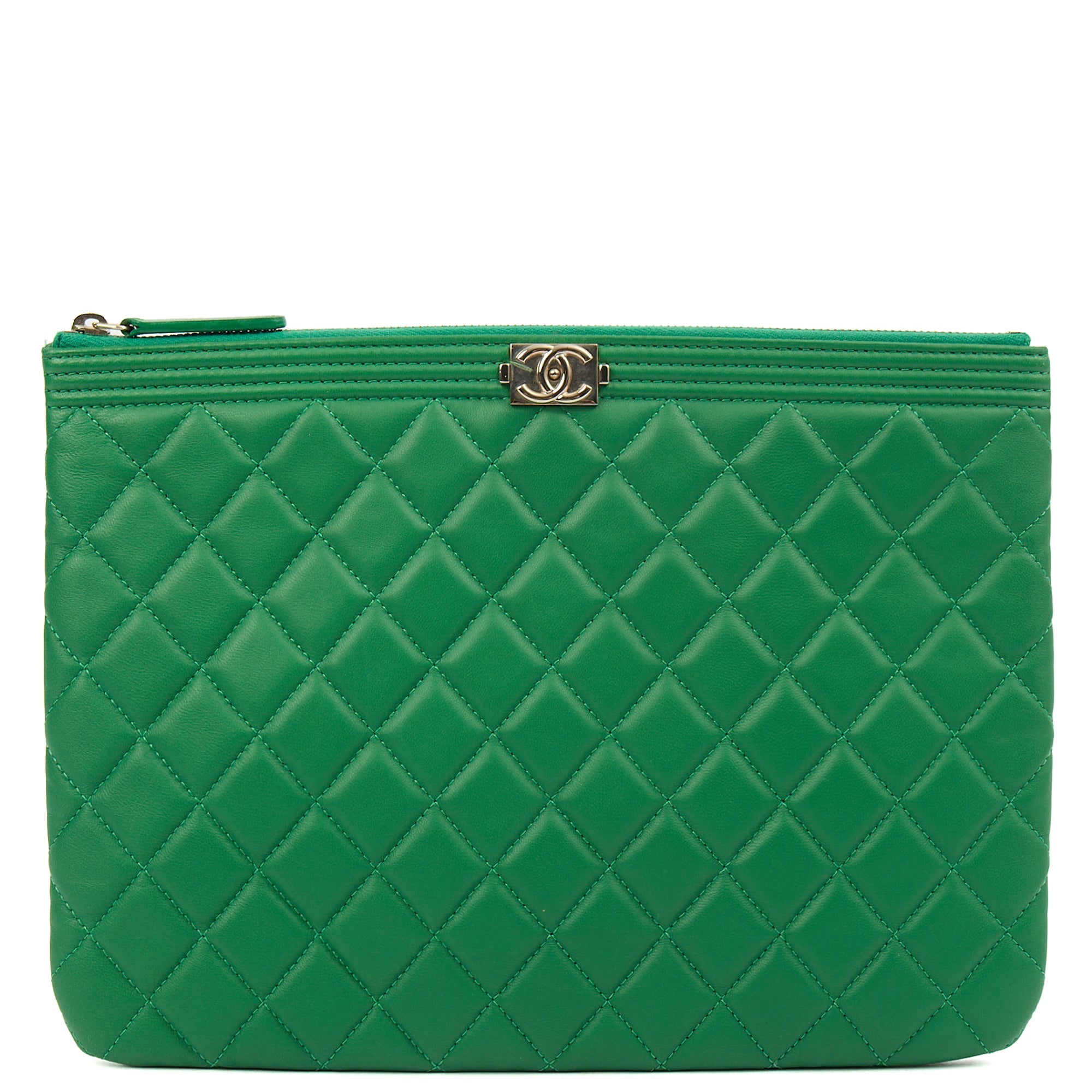Chanel Clutch Boy Clutch in Green, Lambskin Leather — Front View