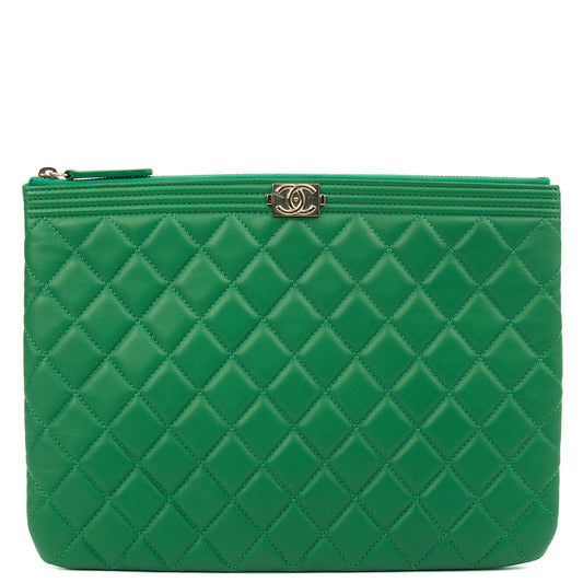 Chanel Clutch Boy Clutch in Green, Lambskin Leather — Front View