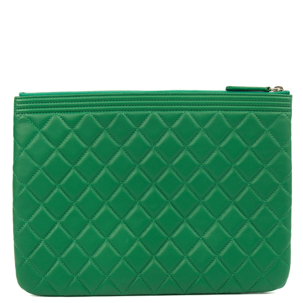 Chanel Clutch Boy Clutch in Green, Lambskin Leather — Detail View