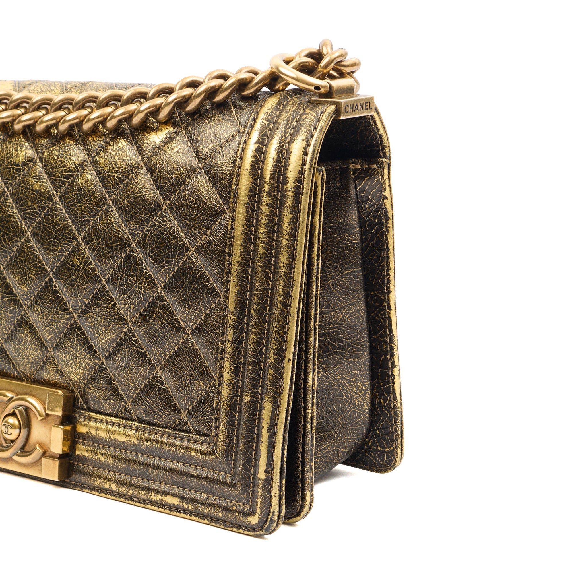 Chanel Shoulder Bag Boy - Medium in Metallic, Crinkled Calfskin Leather — Detail View