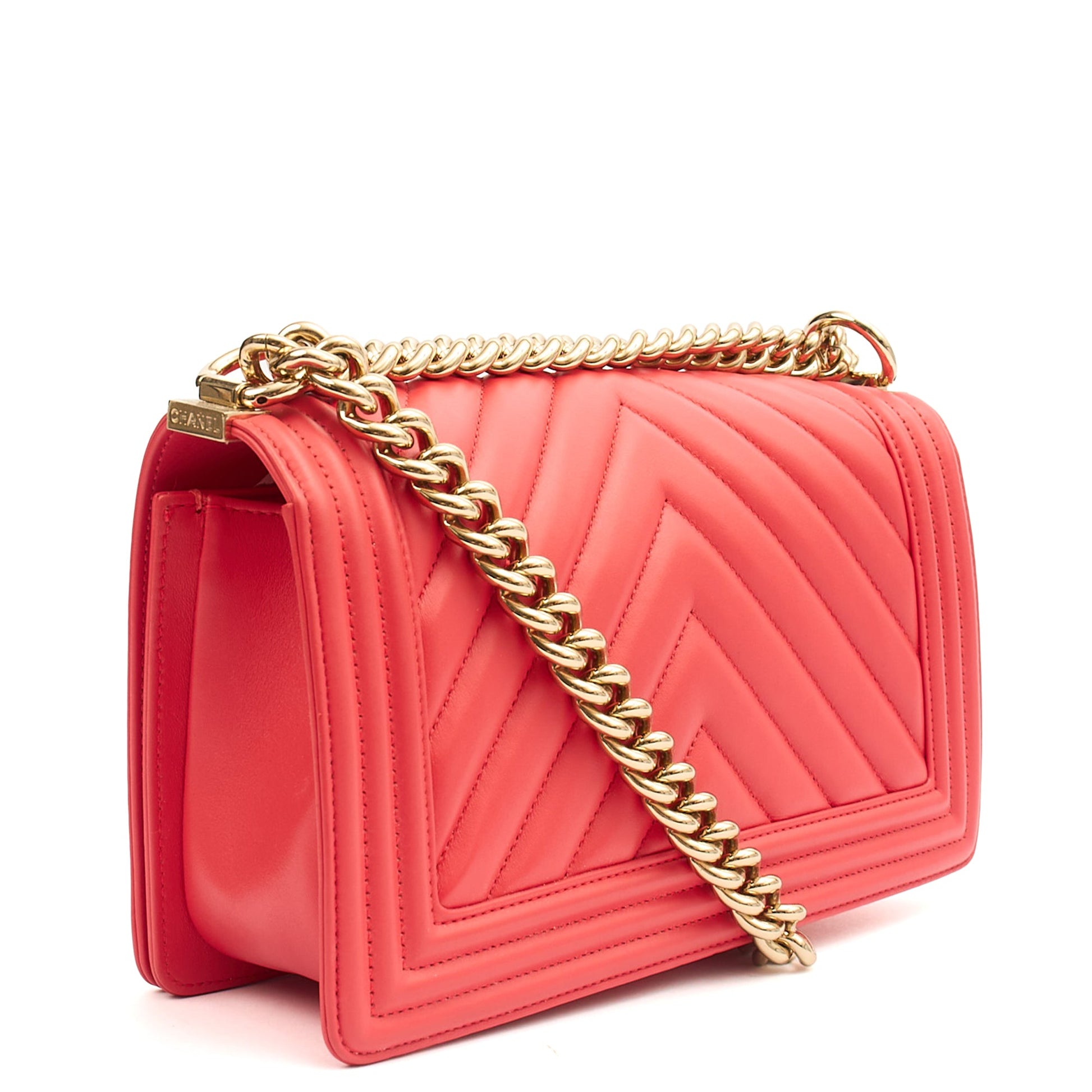Chanel Shoulder Bag Boy - Medium in Pink, Calfskin Leather — Side View