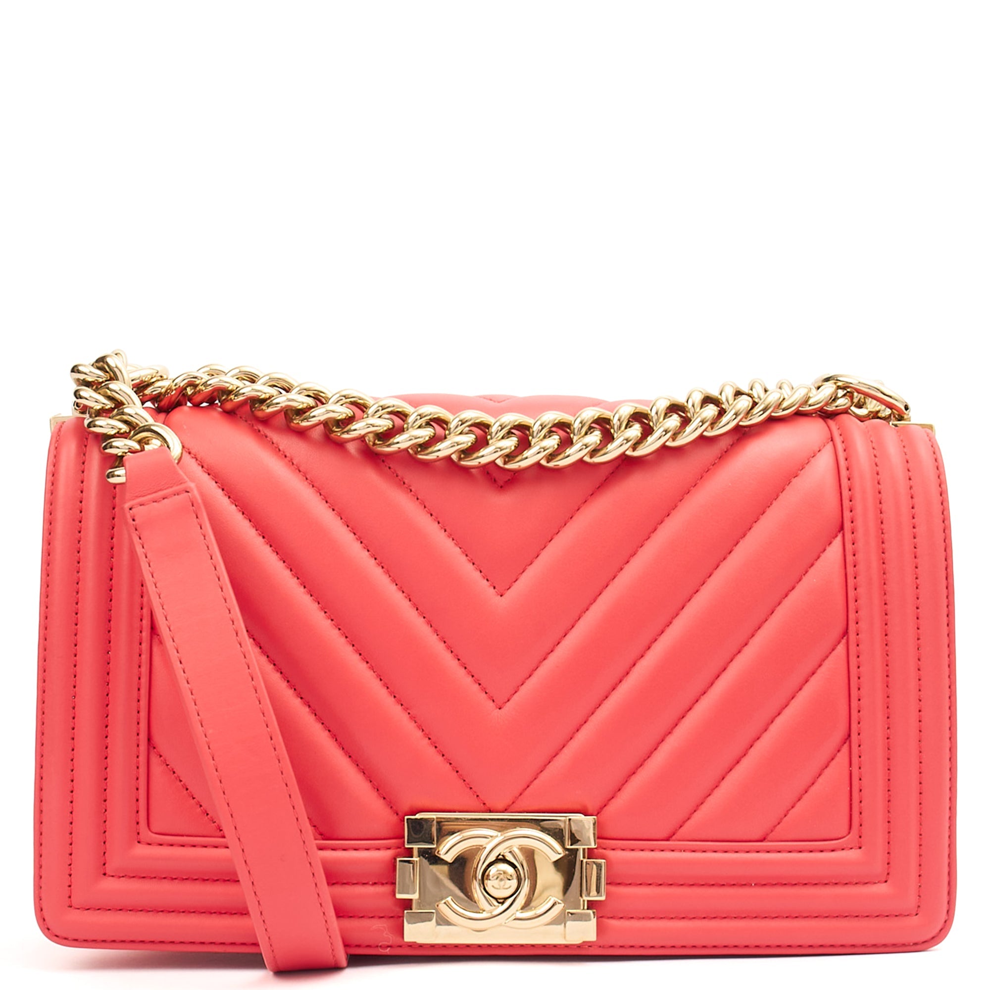 Chanel Shoulder Bag Boy - Medium in Pink, Calfskin Leather — Front View