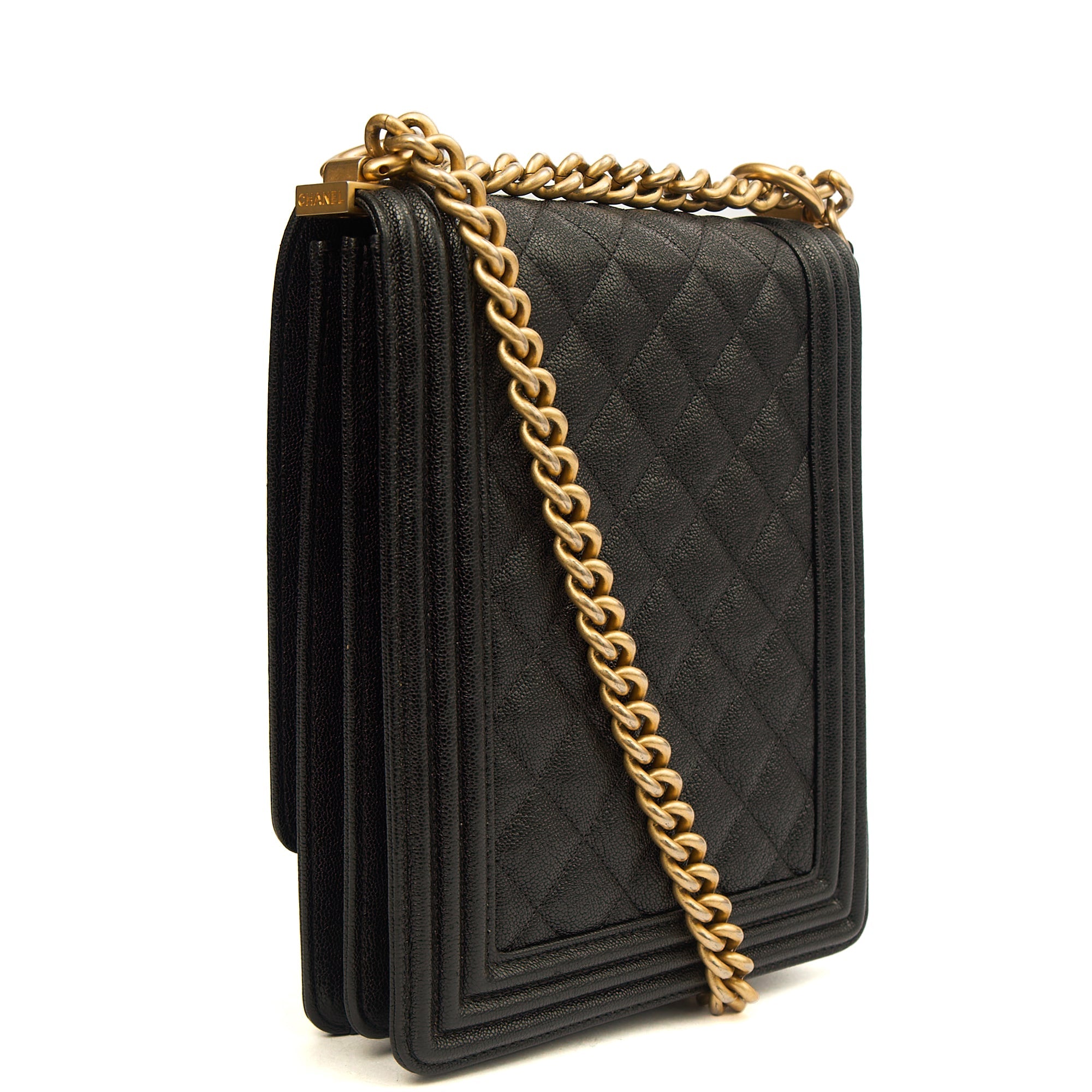 Chanel Shoulder Bag North South Boy in Black, Caviar Leather — Side View