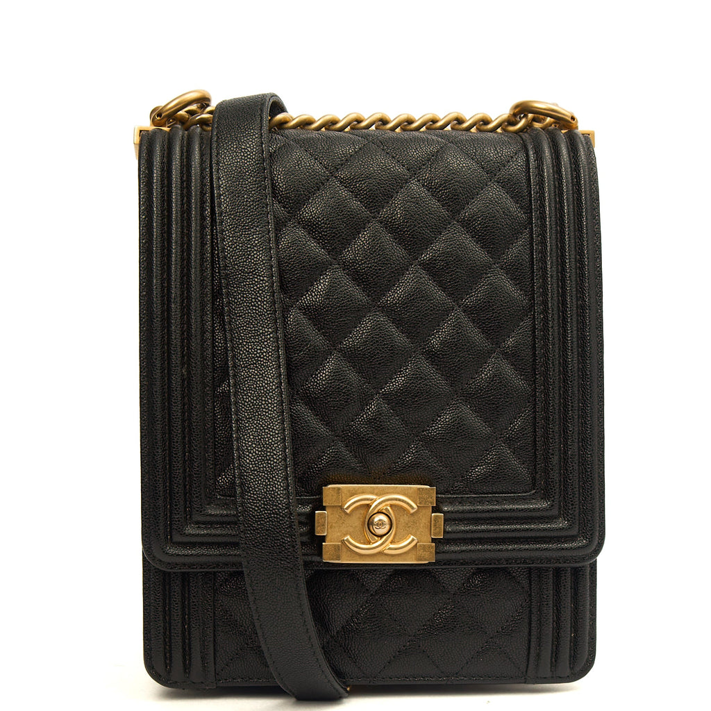 Chanel Shoulder Bag North South Boy in Black, Caviar Leather — Front View