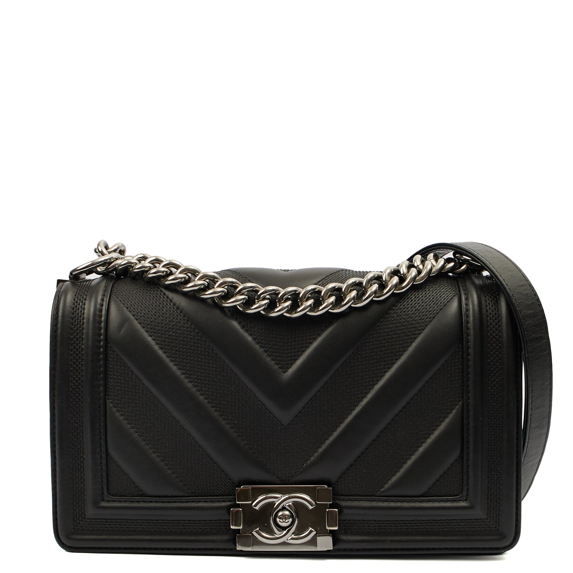 Chanel Shoulder Bag Boy - Medium in Black, Calfskin Leather — Front View