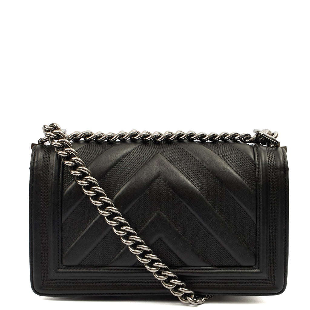 Chanel Shoulder Bag Boy - Medium in Black, Calfskin Leather — Back View