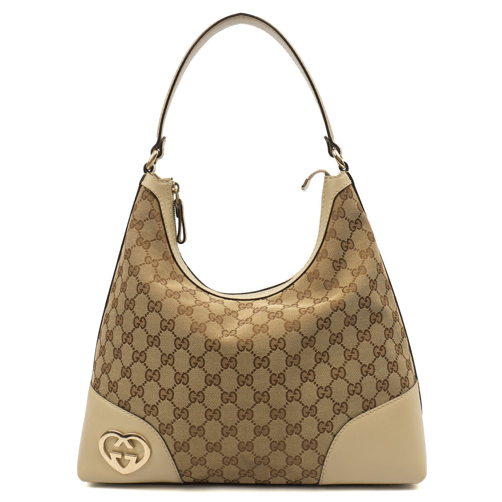 Gucci Tote Lovely Heart Hobo Bag - Large in Neutral, GG Canvas — Front View