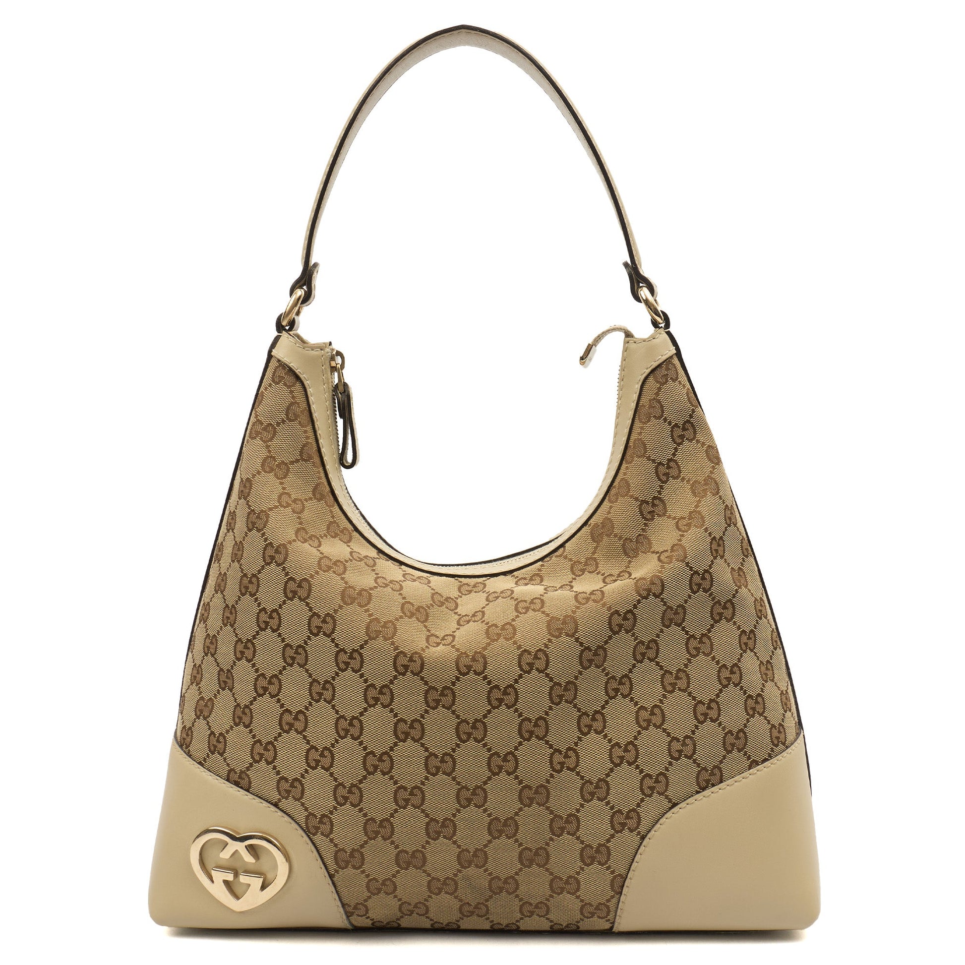Gucci Tote Lovely Heart Hobo Bag - Large in Neutral, GG Canvas — Front View