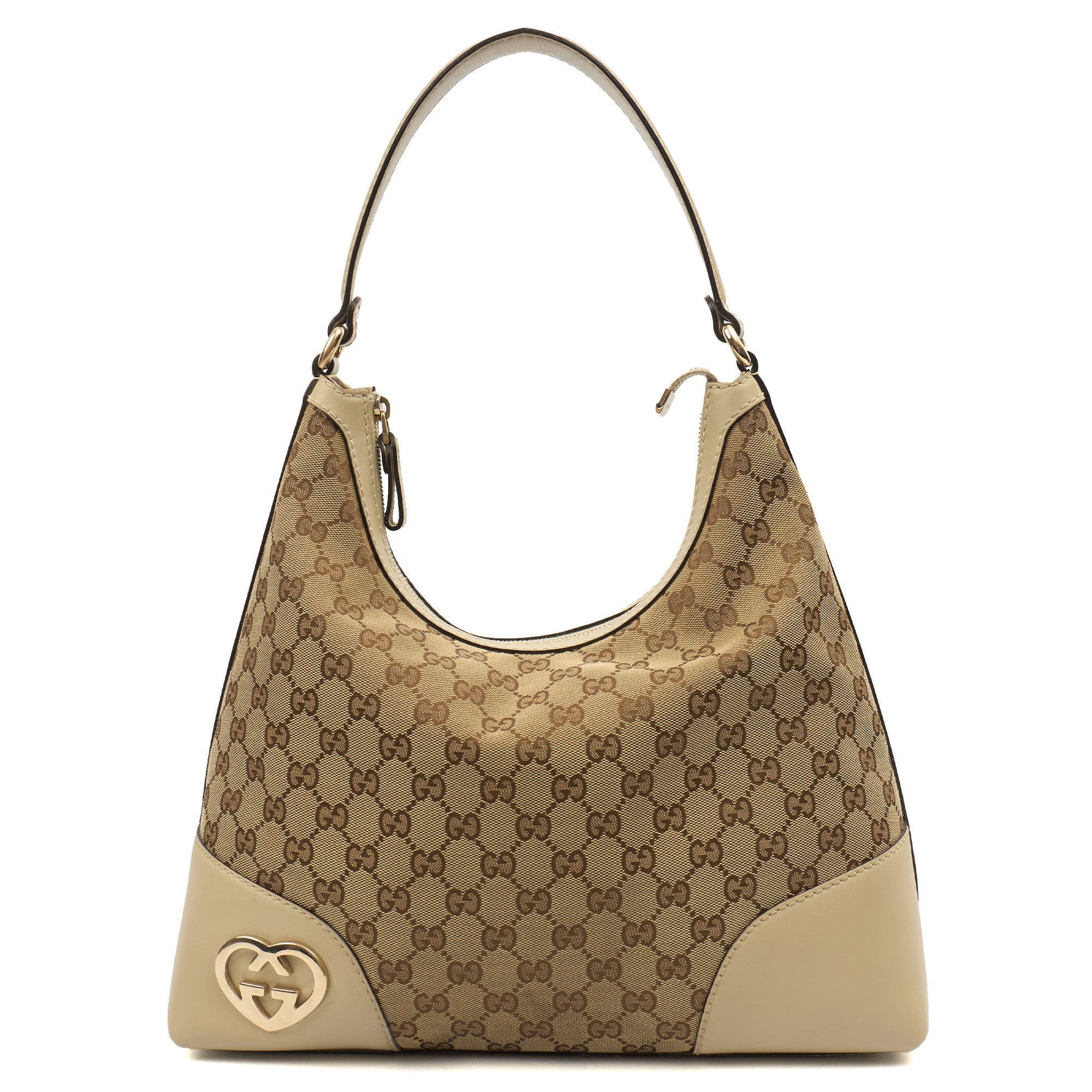 Gucci Tote Lovely Heart Hobo Bag - Large in Neutral, GG Canvas — Front View