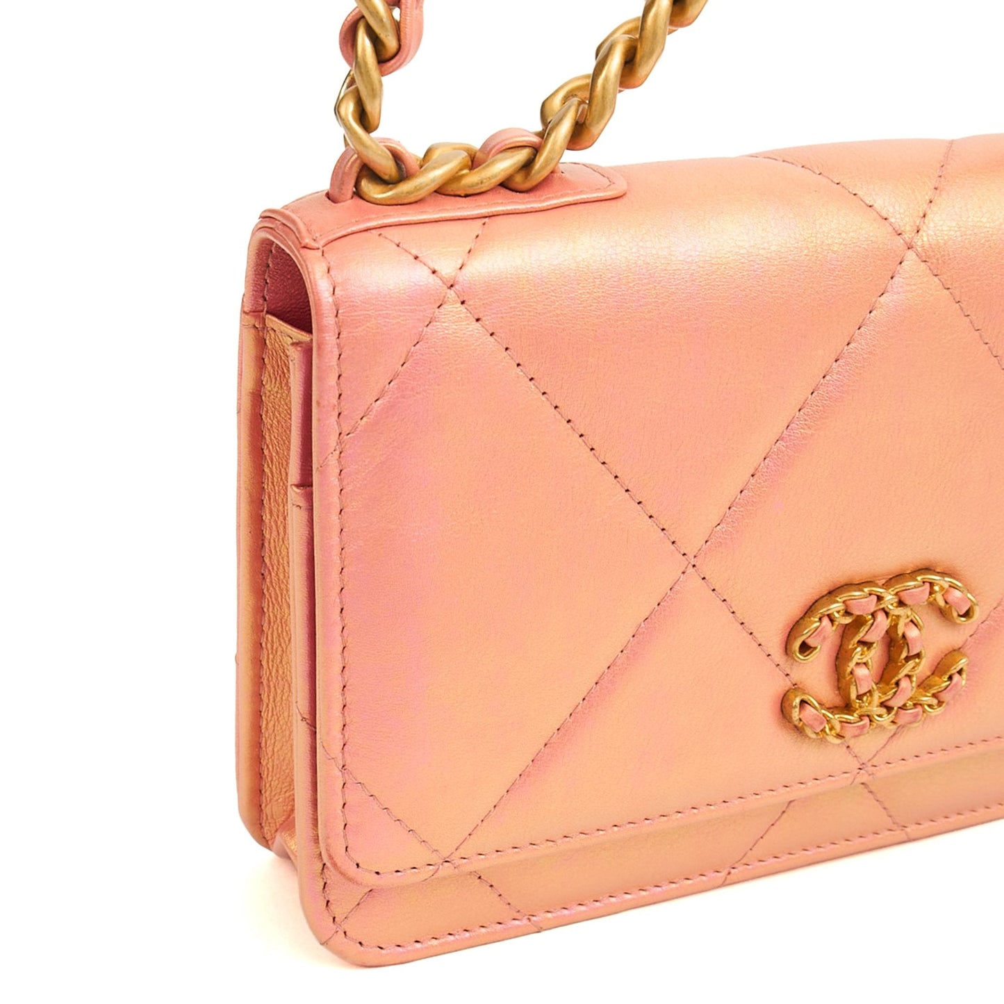 Chanel Cross Body Chanel 19 Wallet On Chain in Pink, Calfskin Leather — Detail View