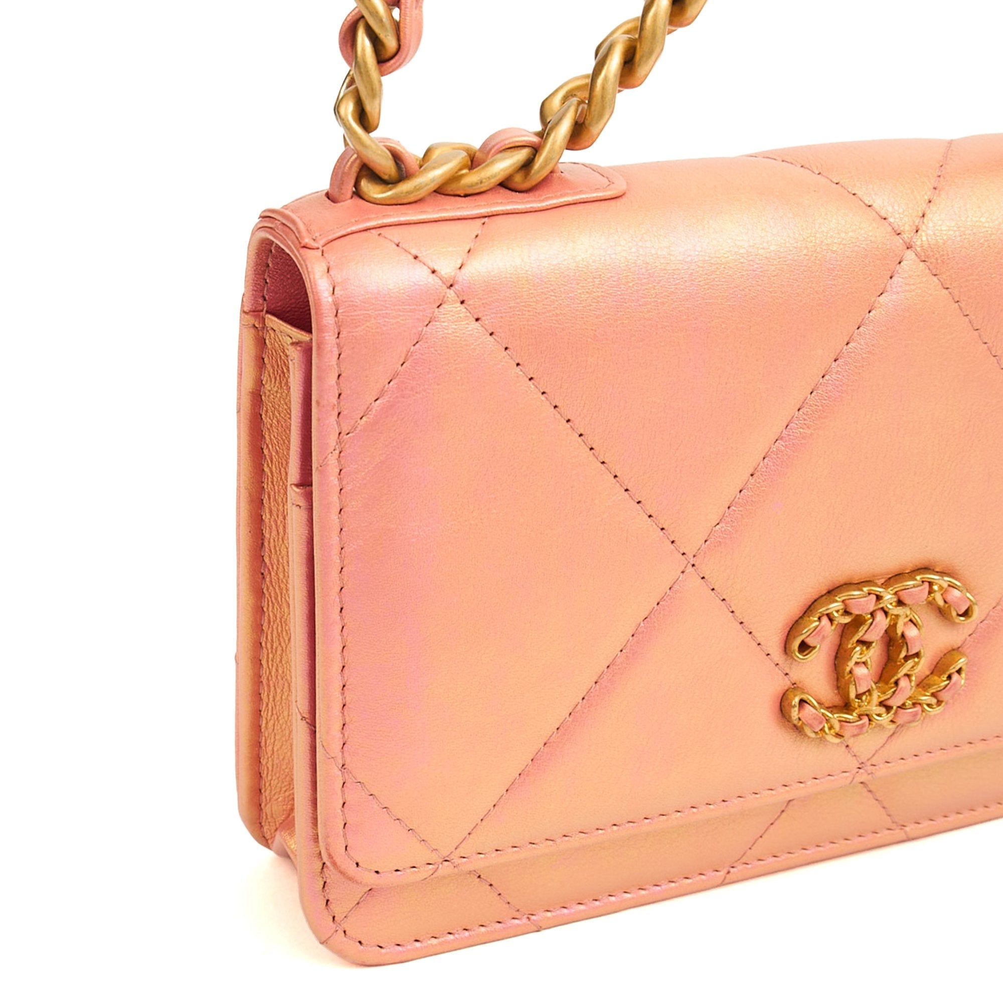 Chanel Cross Body Chanel 19 Wallet On Chain in Pink, Calfskin Leather — Detail View