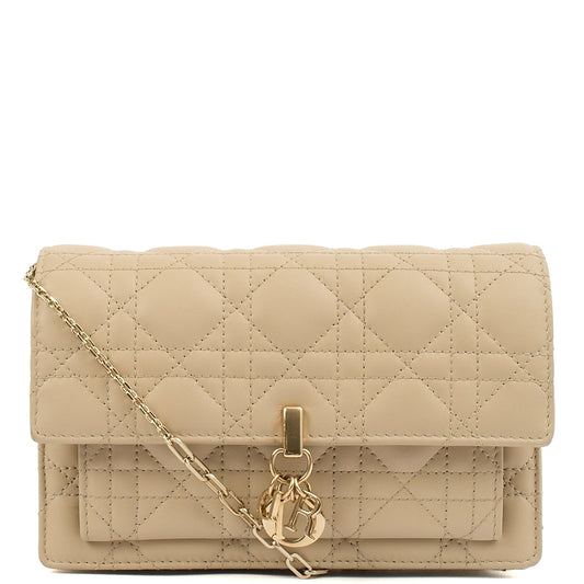 Christian Dior Cross Body My Dior Daily Chain Pouch in Neutral, Cannage Quilted Grain Skin — Front View
