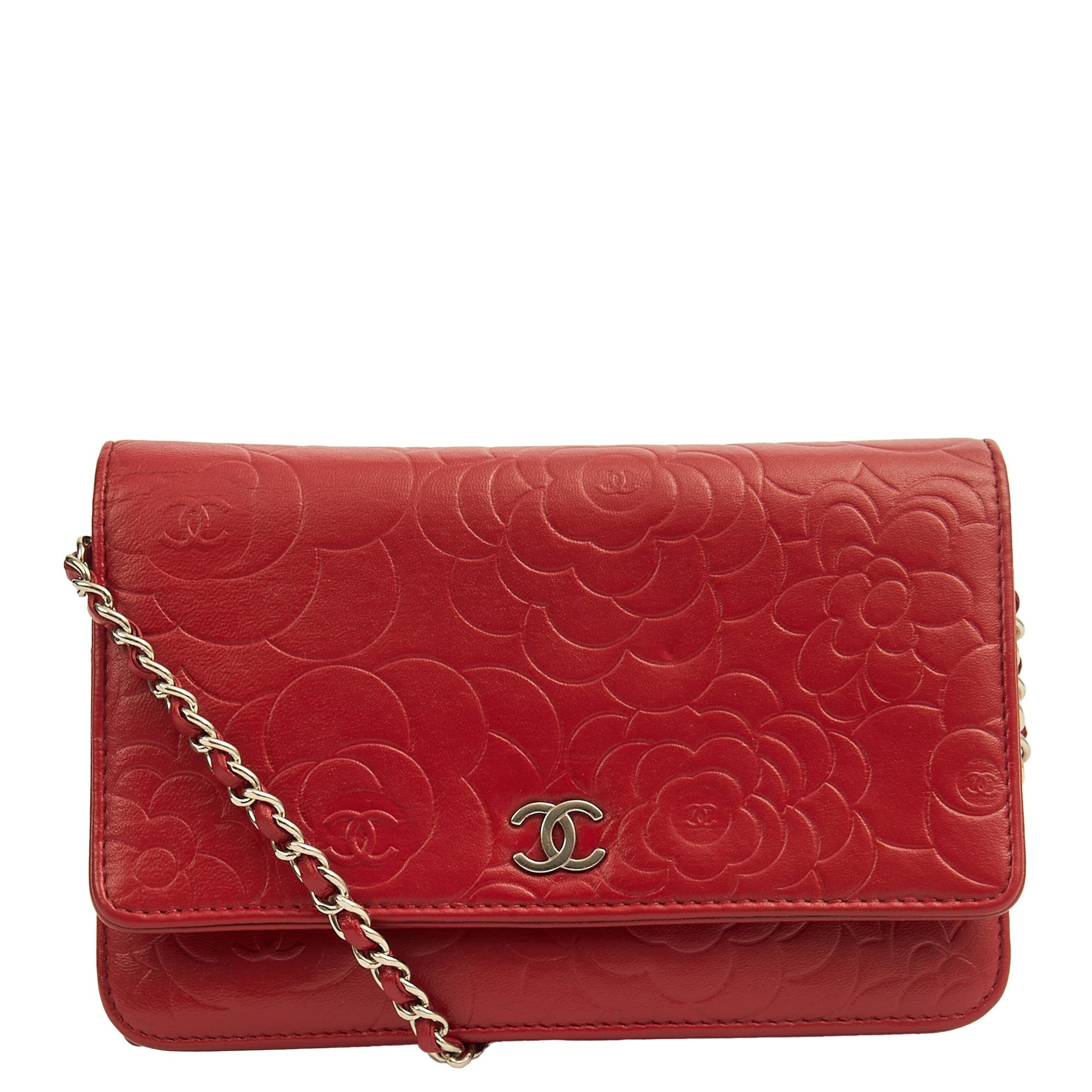 Chanel Cross Body Camellia - Wallet On Chain in Red, Lambskin Leather — Front View