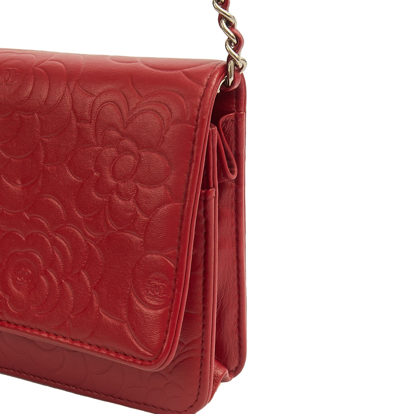 Chanel Cross Body Camellia - Wallet On Chain in Red, Lambskin Leather — Lifestyle View