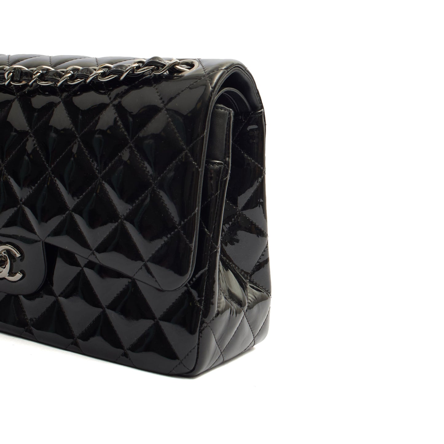 Chanel Shoulder Bag Classic Double Flap - Medium in Black, Patent Leather — Detail View