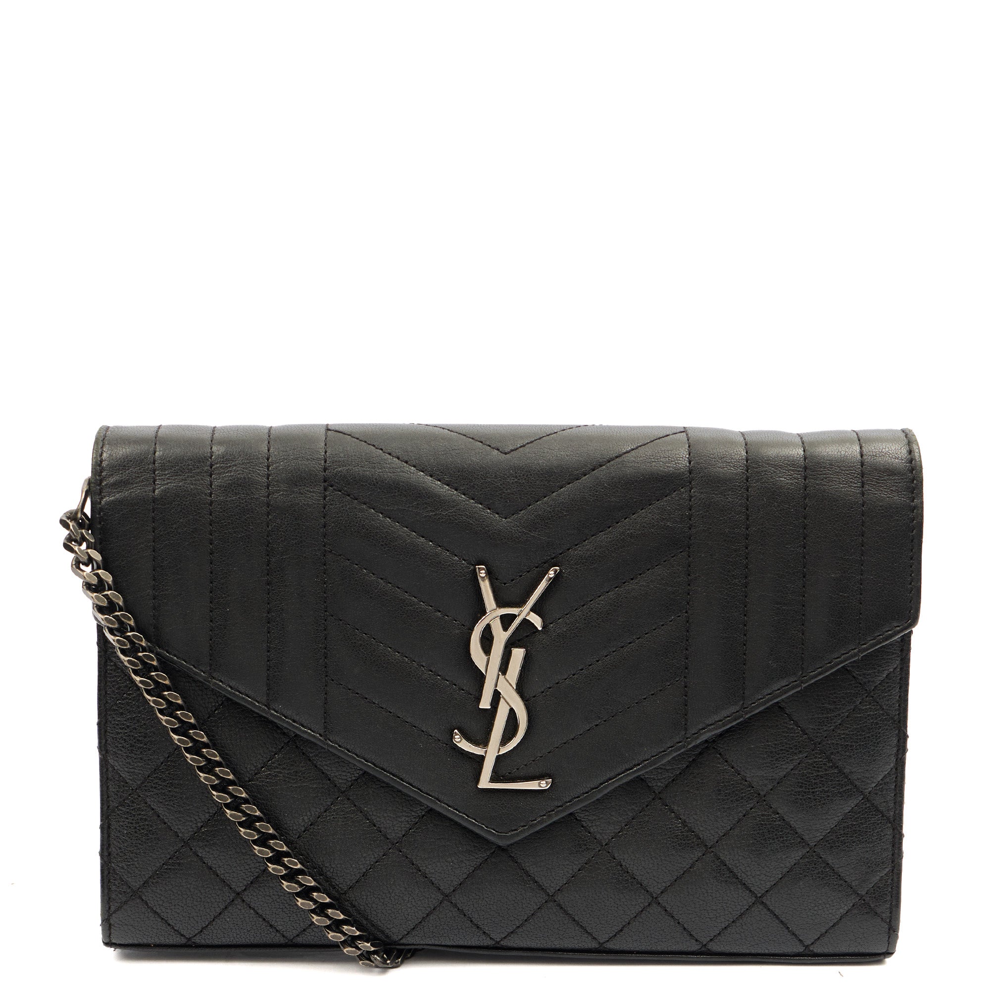 Saint Laurent Cross Body Envelope Shoulder Bag - Small in Black, Leather — Front View