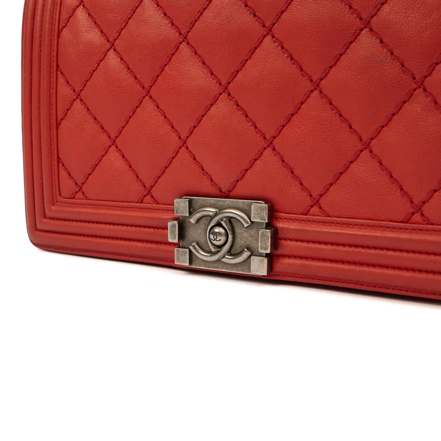 Chanel Shoulder Bag Boy - Medium in Red, Calfskin Leather — Lifestyle View