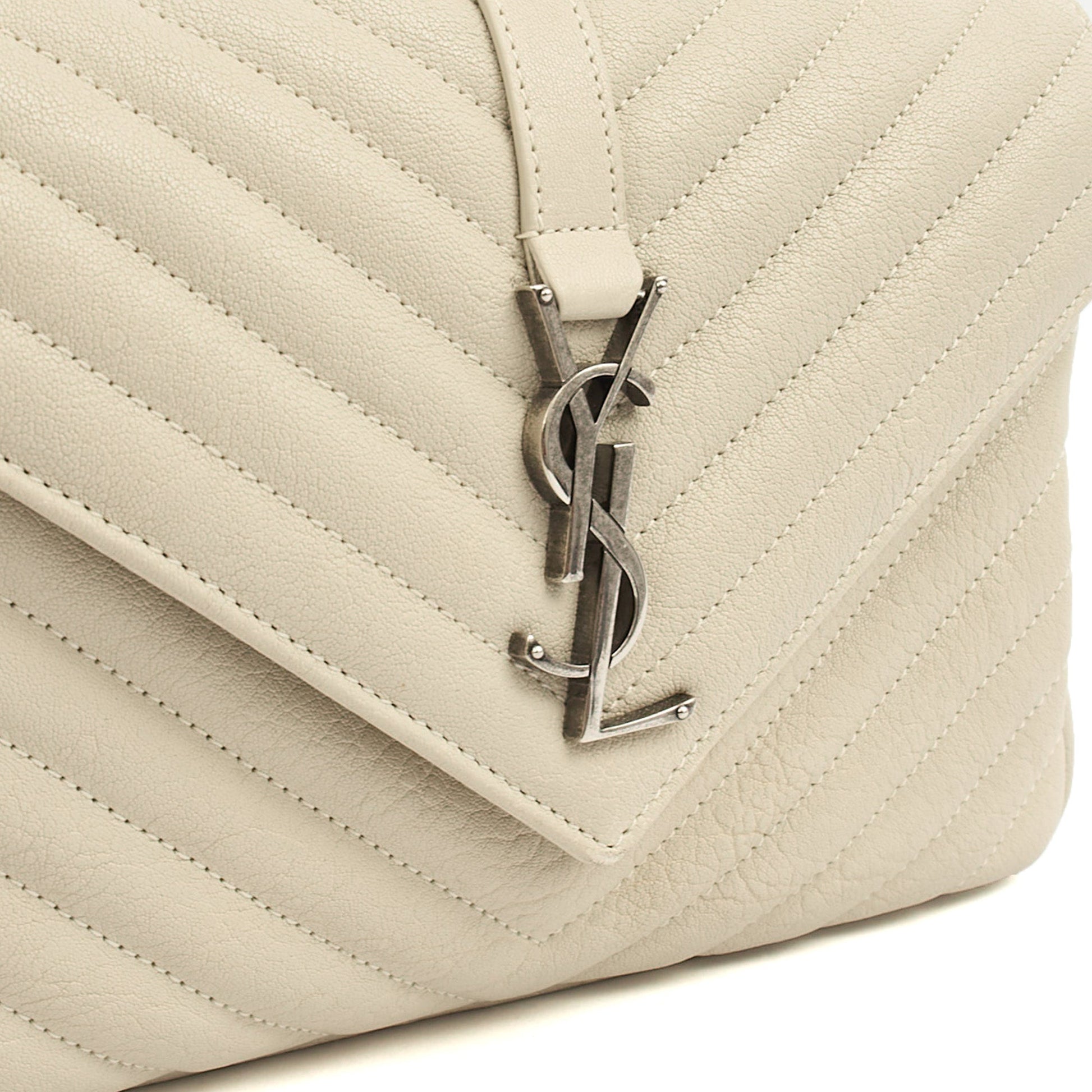 Saint Laurent Top Handle College - Medium in Neutral, Calfskin Leather — Side View