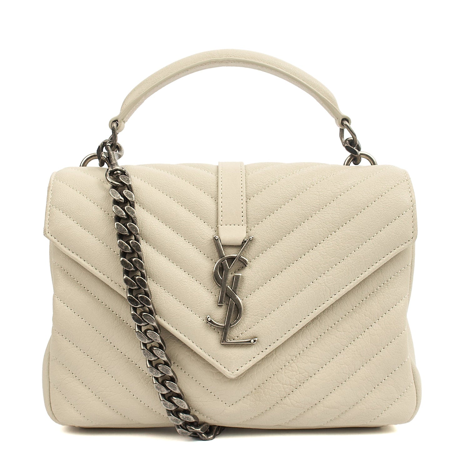 Saint Laurent Top Handle College - Medium in Neutral, Calfskin Leather — Front View