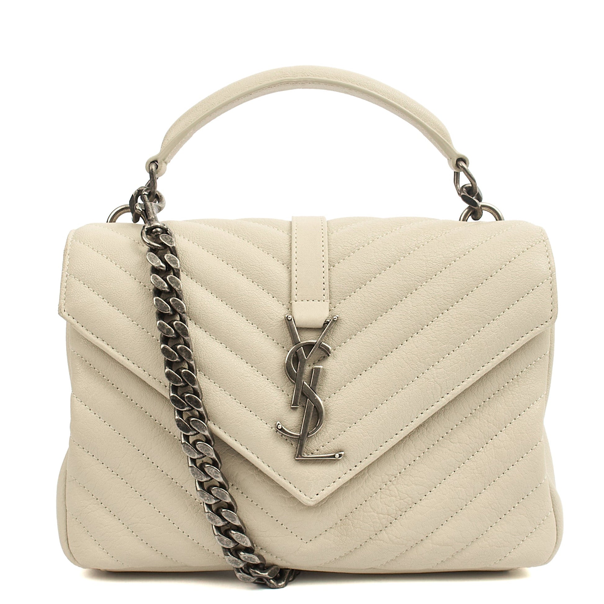 Saint Laurent Top Handle College - Medium in Neutral, Calfskin Leather — Front View