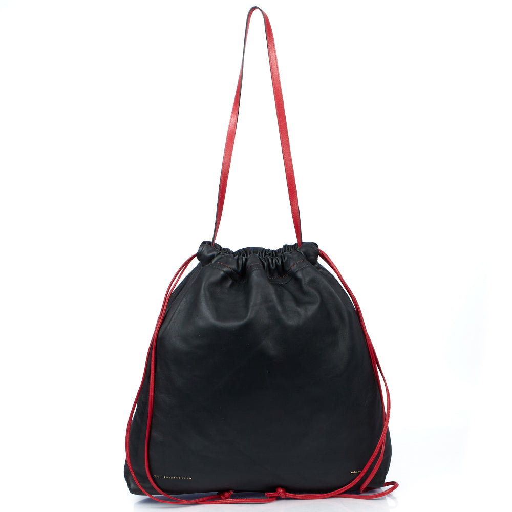 Victoria Beckham Tote Drawstring Bucket Bag in Black, Leather — Top View