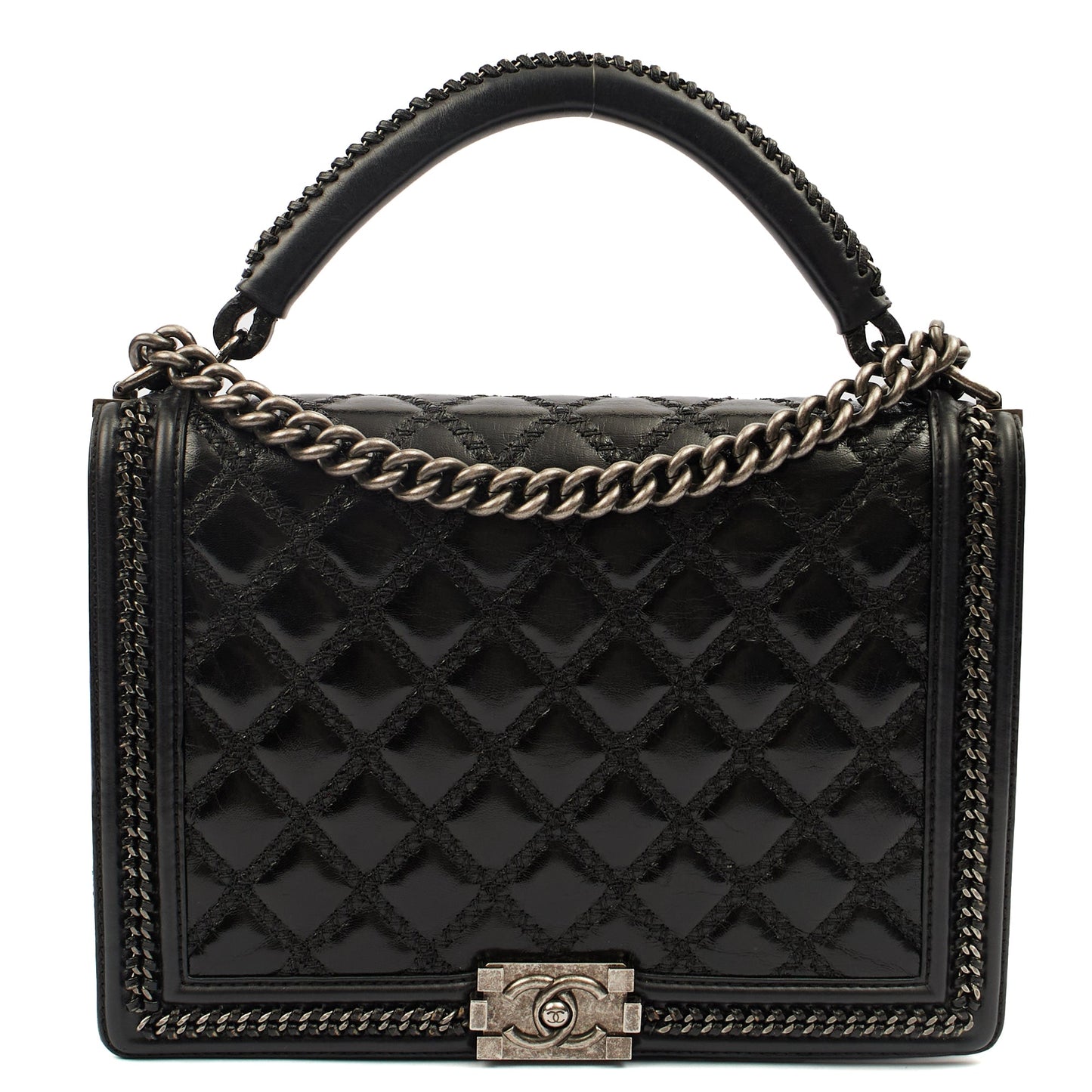 Chanel Top Handle Boy Top Handle - Medium in Black, Calfskin Leather — Front View