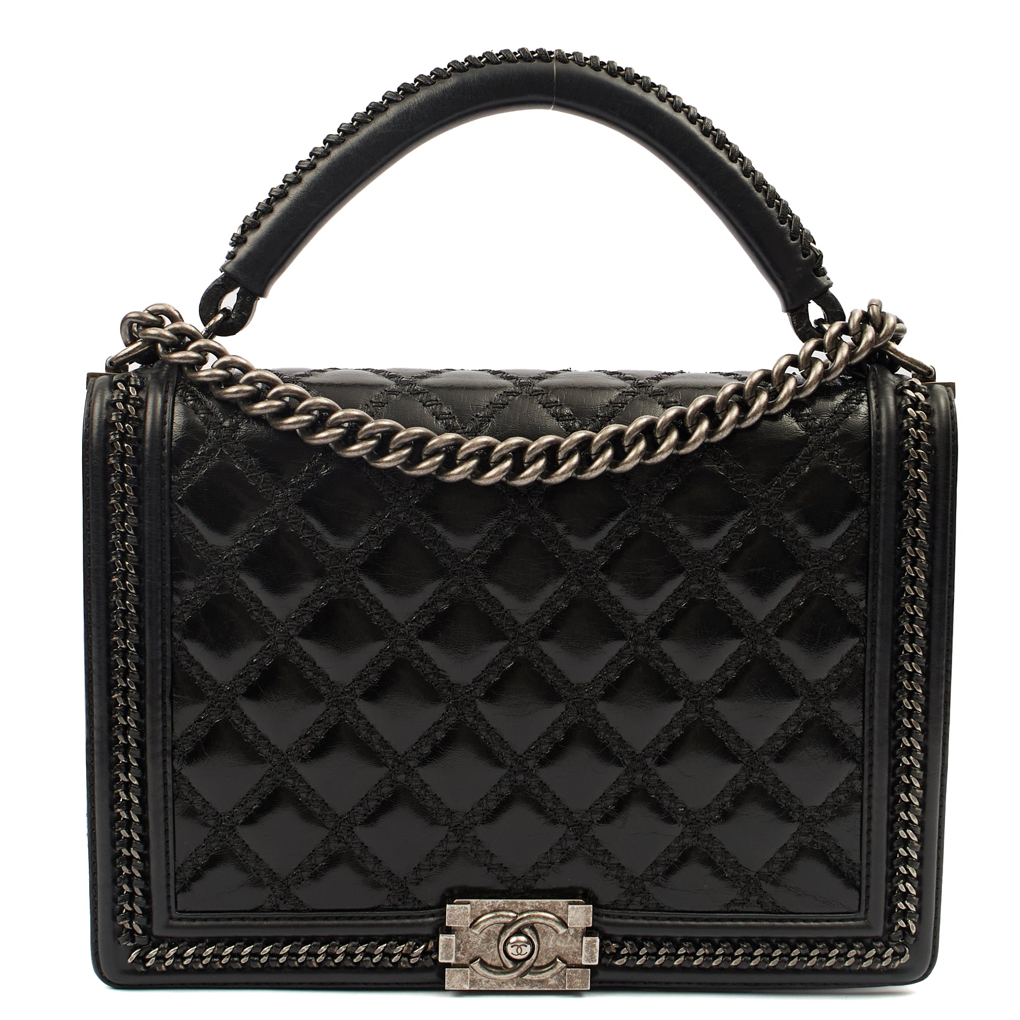 Chanel Top Handle Boy Top Handle - Medium in Black, Calfskin Leather — Front View