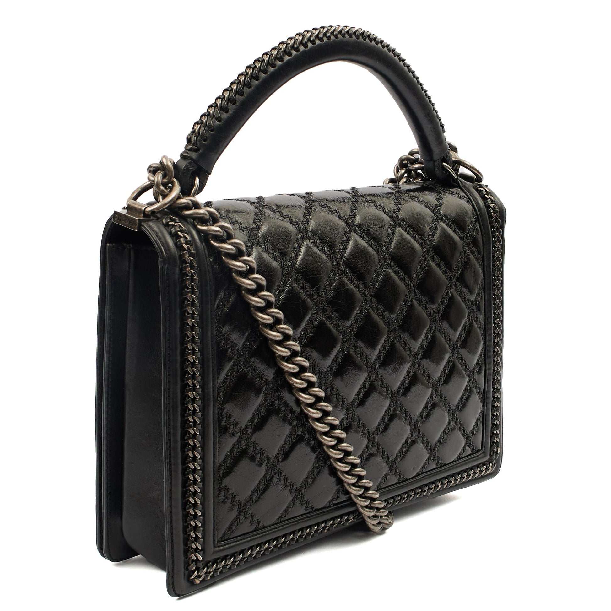 Chanel Top Handle Boy Top Handle - Medium in Black, Calfskin Leather — Side View