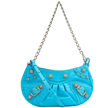 Balenciaga Cross Body Le Cagole S in Blue, Exotic Effect Leather — Front View