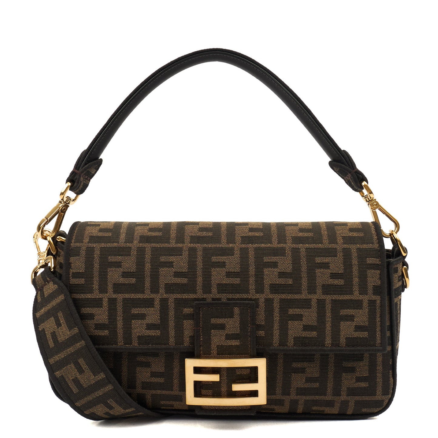 Fendi Shoulder Bag Baguette in Brown Jacquard FF, Canvas — Front View