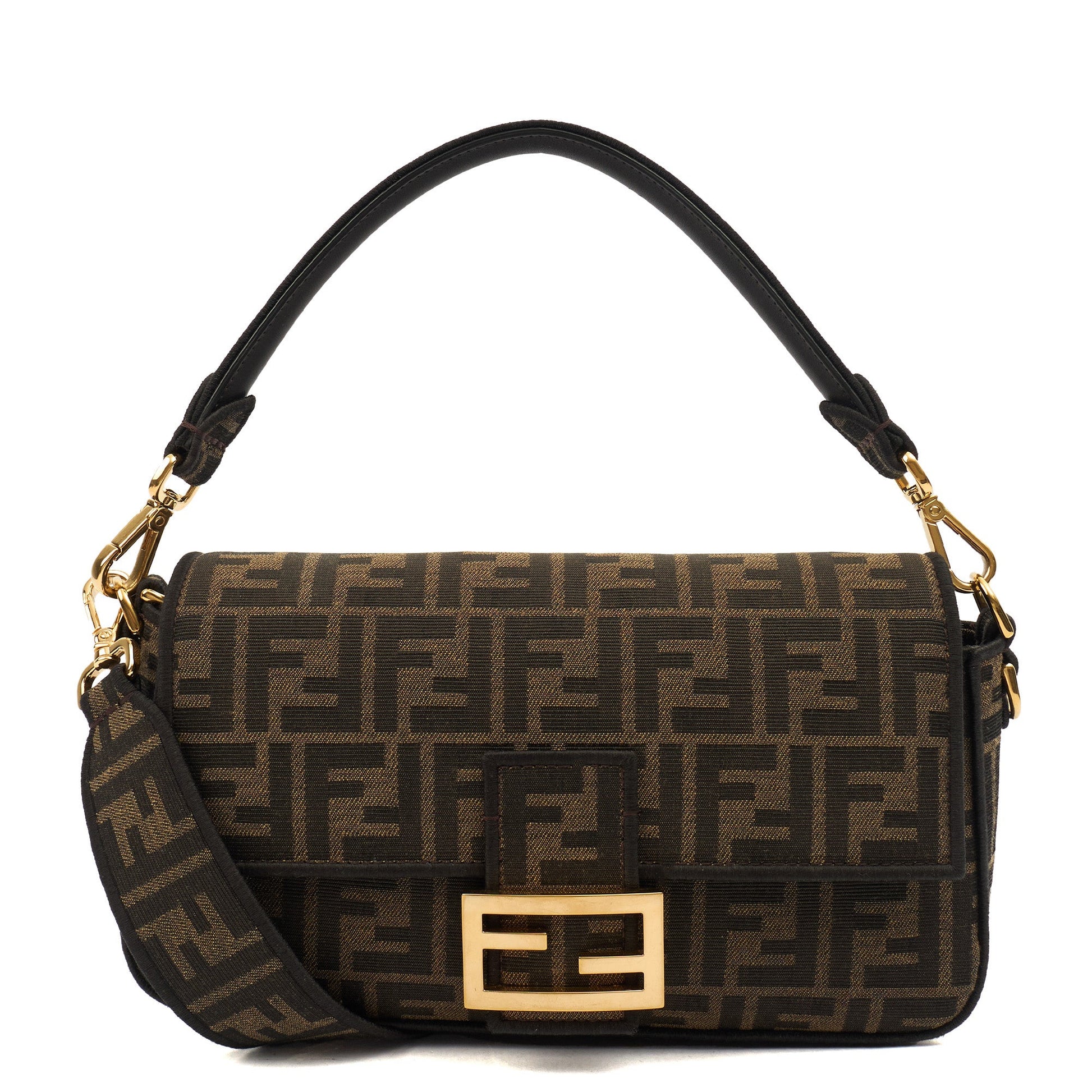 Fendi Shoulder Bag Baguette in Brown Jacquard FF, Canvas — Front View