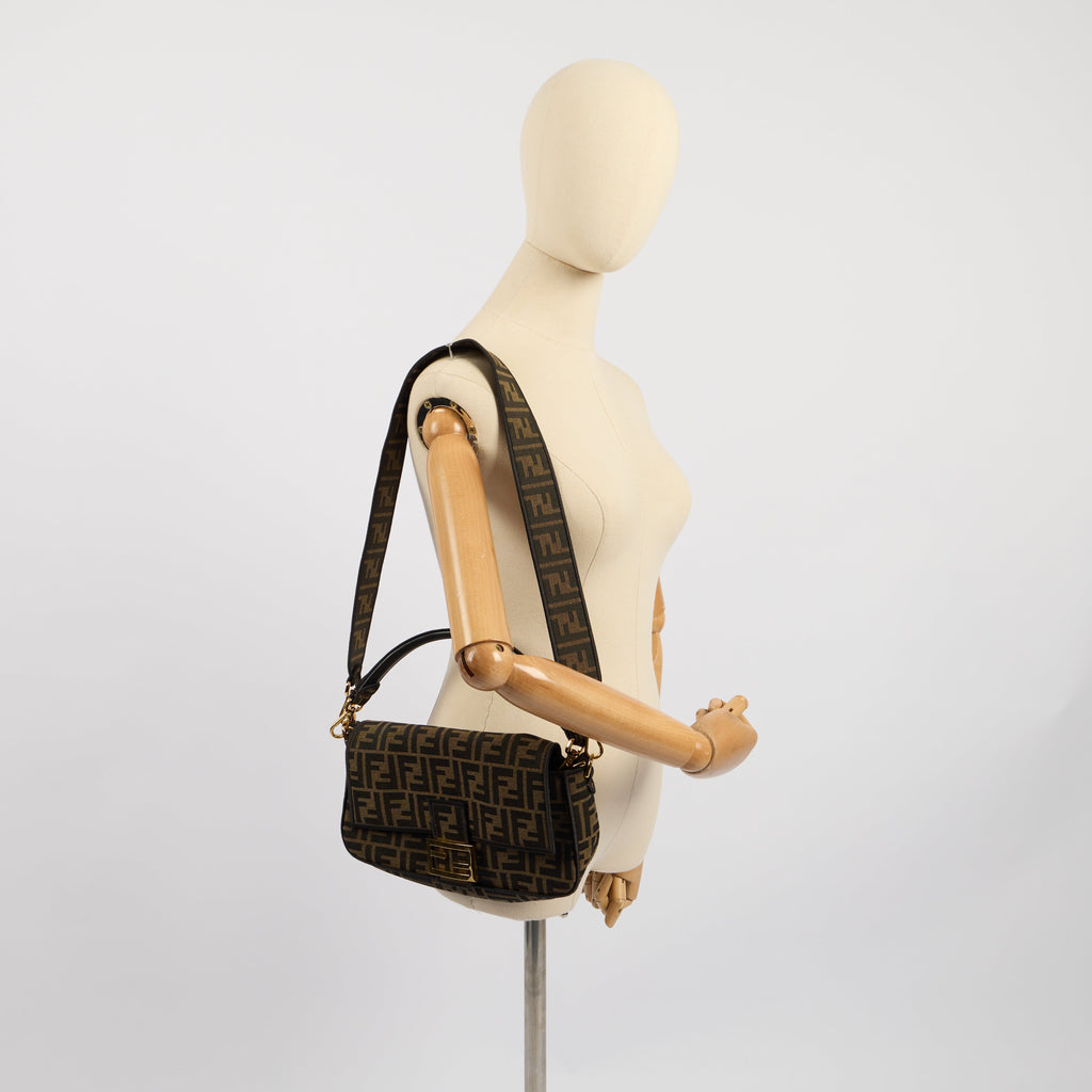 Fendi Shoulder Bag Baguette in Brown Jacquard FF, Canvas — Back View