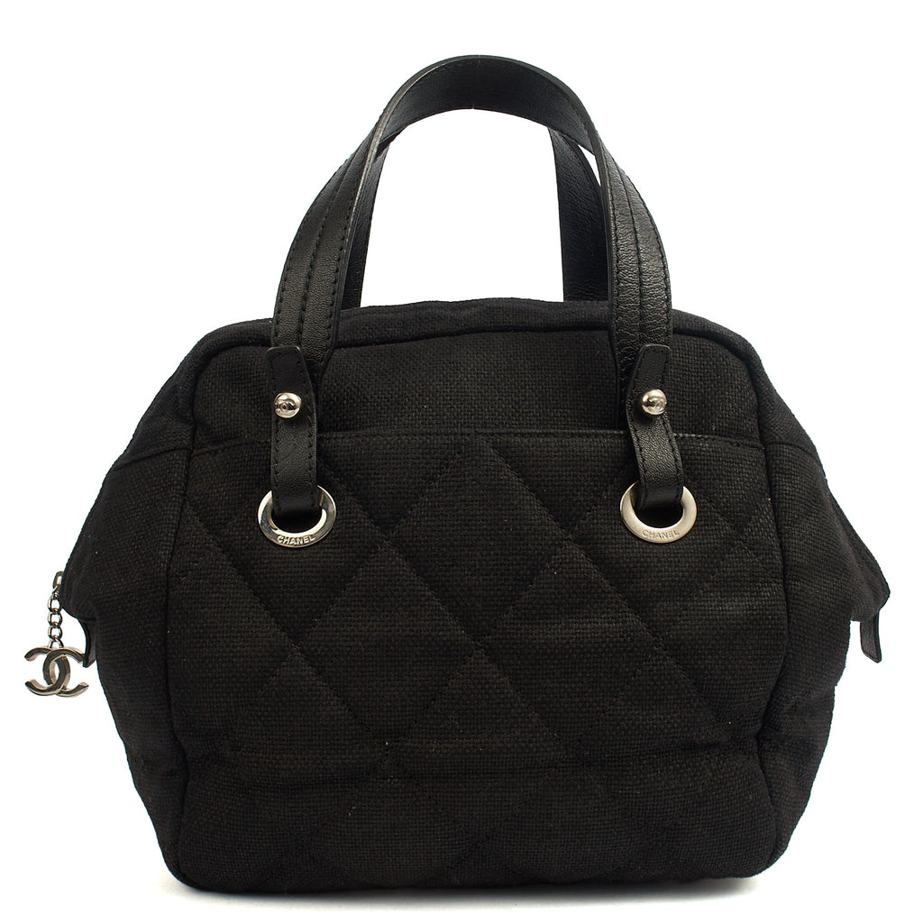 Chanel Top Handle Bowler in Black, Fabric — Top View