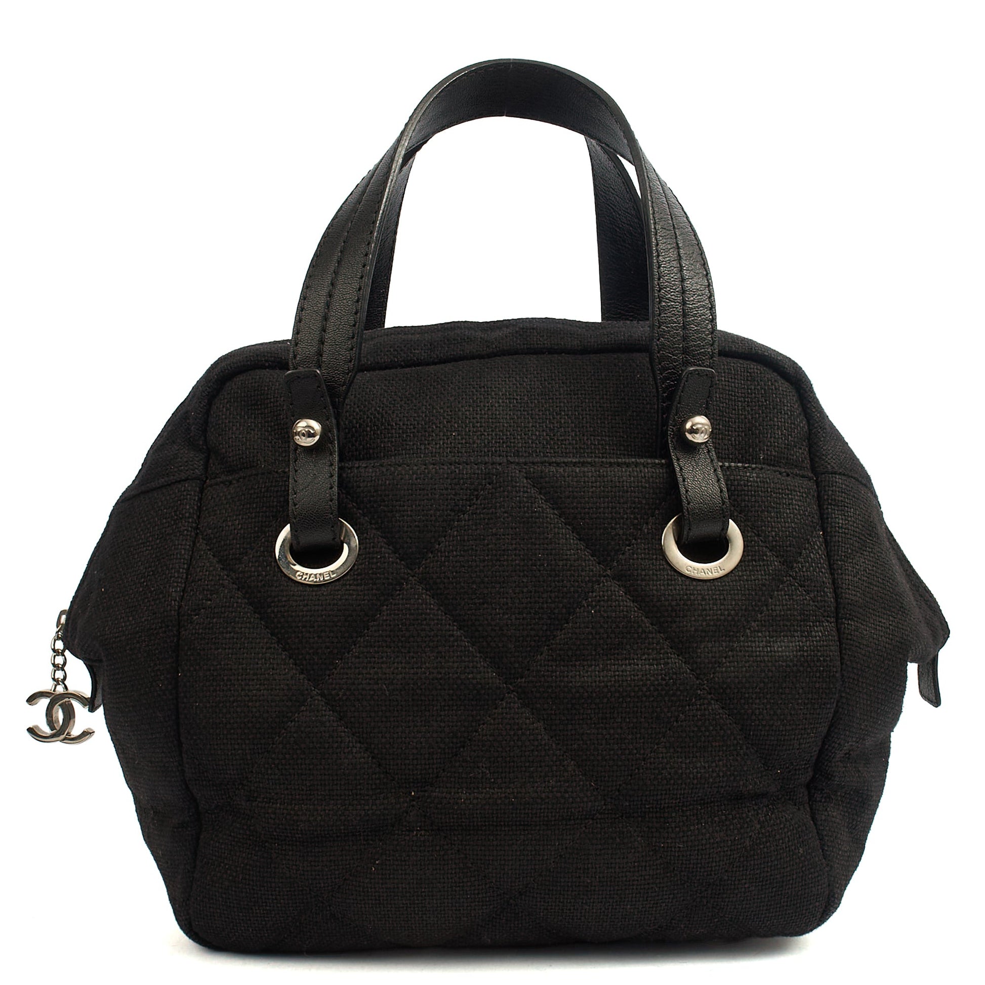 Chanel Top Handle Bowler in Black, Fabric — Top View