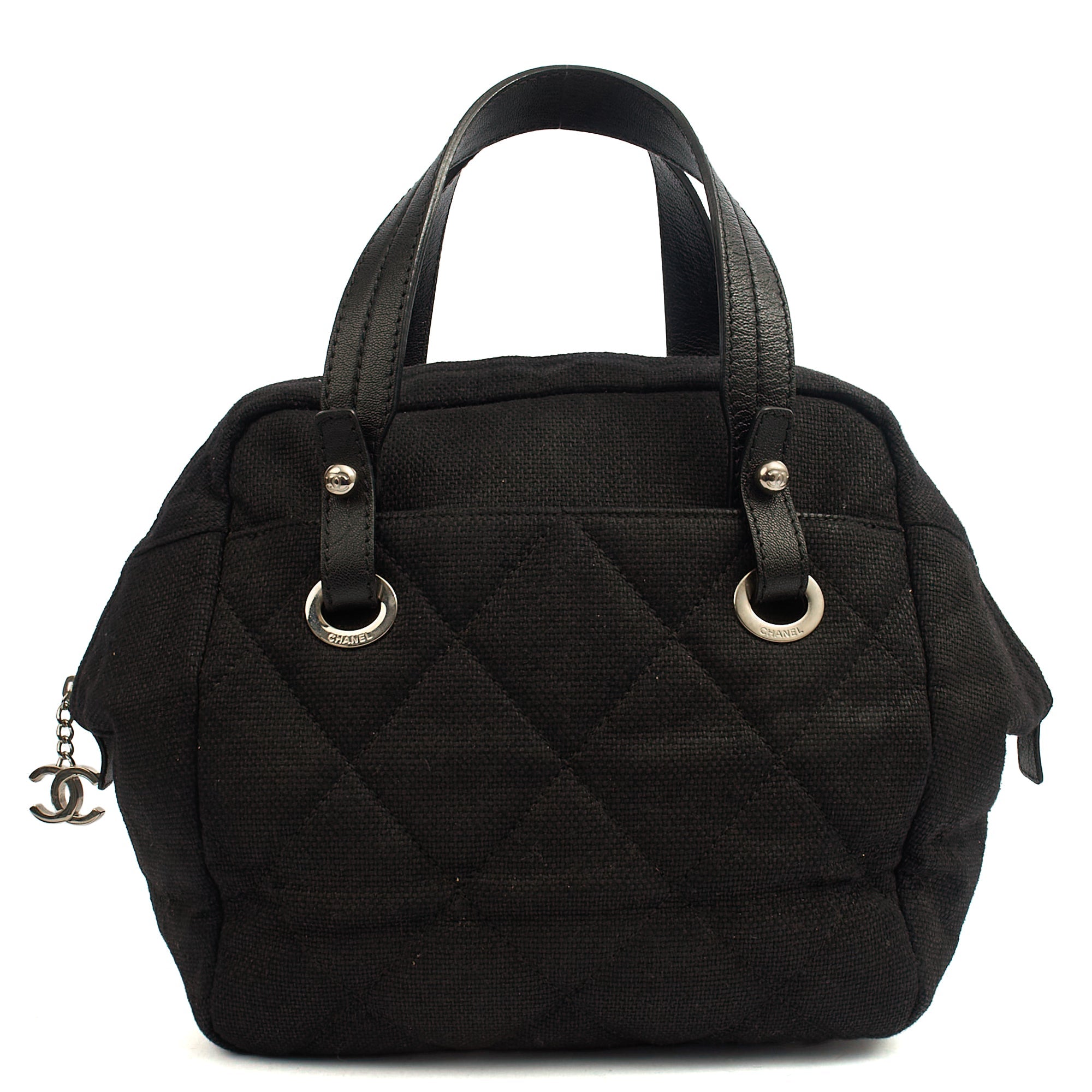Chanel Top Handle Bowler in Black, Fabric — Top View