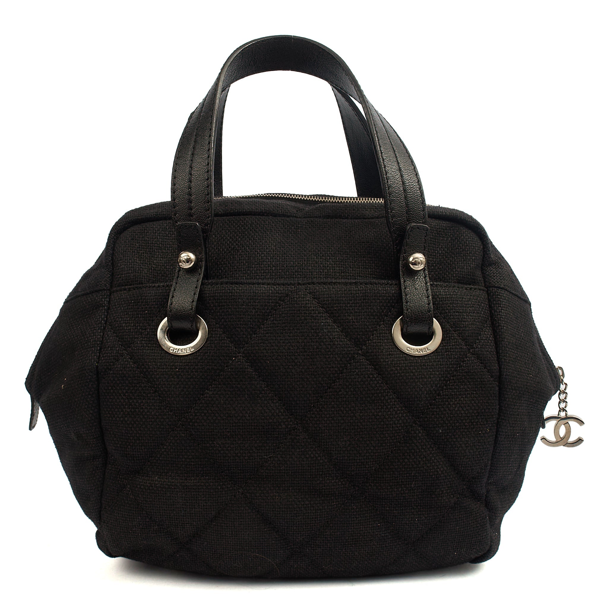 Chanel Top Handle Bowler in Black, Fabric — Front View