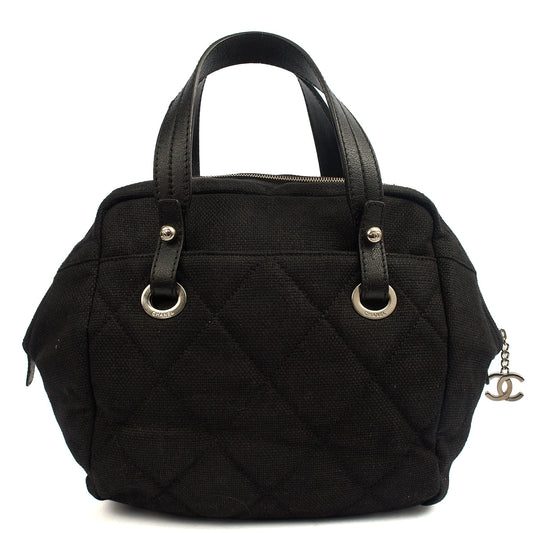 Chanel Top Handle Bowler in Black, Fabric — Front View