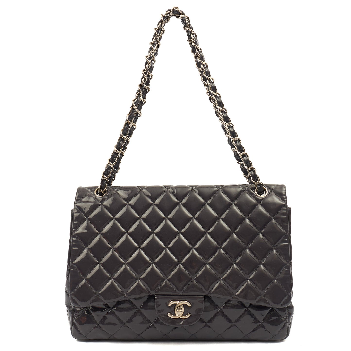 Chanel Shoulder Bag Classic Single Flap - Maxi in Purple, Patent Leather — Lifestyle View