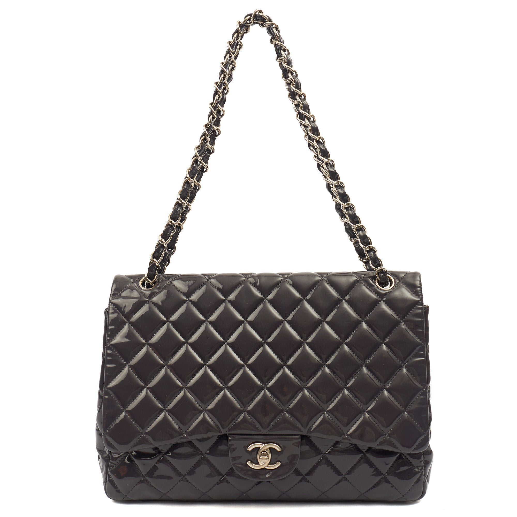 Chanel Shoulder Bag Classic Single Flap - Maxi in Purple, Patent Leather — Lifestyle View