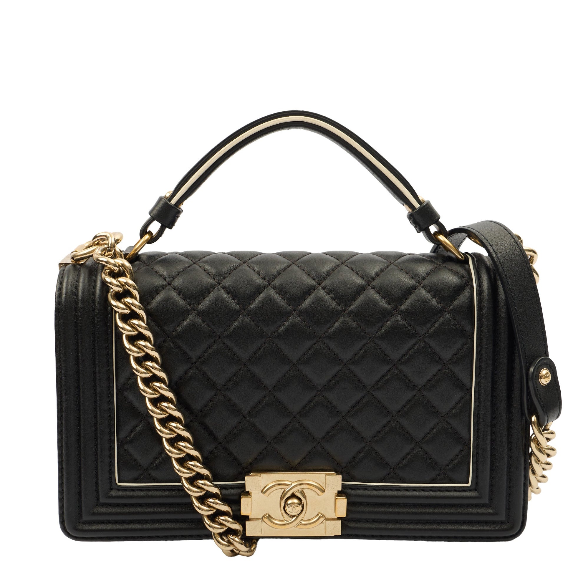 Chanel Cross Body Boy Top Handle - Medium in Black, Calfskin Leather — Front View