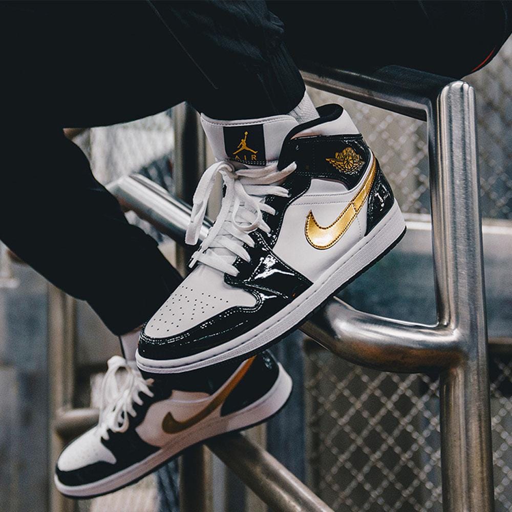 Air Jordan 1 Mid Patent 'Black Gold' — UK 3 | EU 35.5 | US 3.5 — Lifestyle View