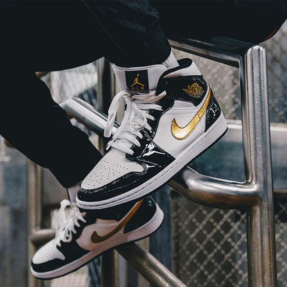 Air Jordan 1 Mid Patent 'Black Gold' — UK 3 | EU 35.5 | US 3.5 — Lifestyle View